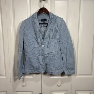 Talbots Chambray Blazer Women 8 Cotton Hemp Lightweight Ruffle Boho Casual